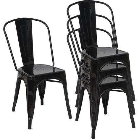 4x sillas de comedor bistro de cocina de diseño industrial en metal negro apilables 040000547