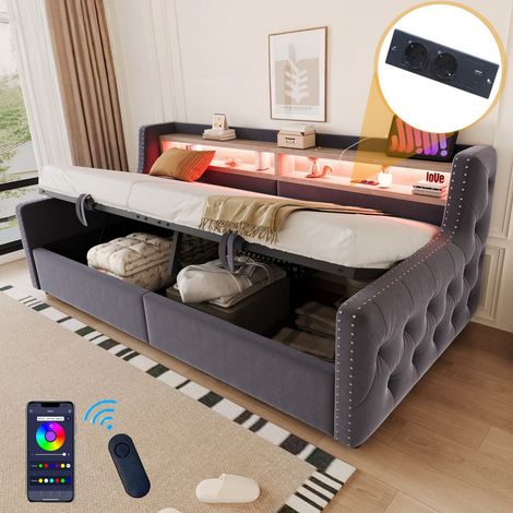 Canapé lit 90x200 cm avec Hydraulique et Rangement, Canapé Convertible avec LED, Prise  et USB, Meuble Salon lattes incluses Gris foncé(sans Matelas) (1/5)