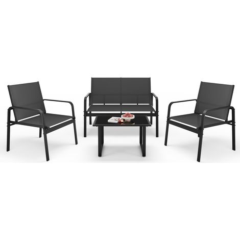 Mondeer – Salon de jardin extérieur 4 places – Ensemble métal et textilène – 3 assises et 1 table basse – Noir – Conçu pour usage intensif (1/5)