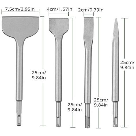 Ensemble de 4 burins à béton, ensemble de forets pour marteau perforateur, comprenant un burin pointu, un burin plat de 20 mm, 40 mm et 75 mm