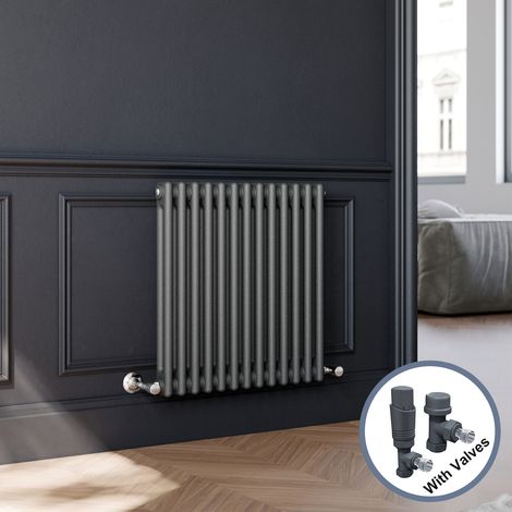 ELEGANT 600 x 605 mm Traditional Radiator Cast Iron Style Horizontal Radiator Anthracite Efficient Horizontal Column Radiators + Anthracite Thermostatic Radiator Valves (1/5)