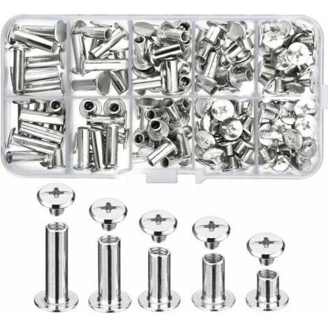 Vis de reliure en métal 80 pcs – Acier au carbone nickelé – 5 tailles (6-18mm) – Diamètre 5mm – Pour décoration cuir et scrapbooking
