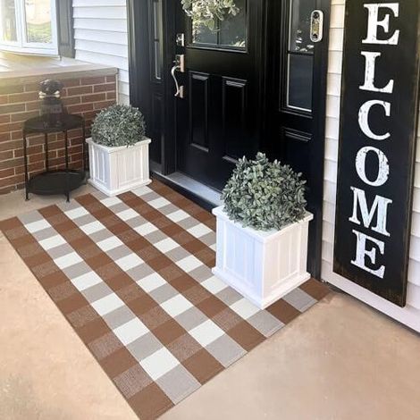 Tapis d'entrée extérieur à carreaux Buffalo 90 x 150 cm – Tapis d'entrée lavable en coton marron et blanc pour porche, terrasse, cuisine, buanderie  Convient au style champêtre