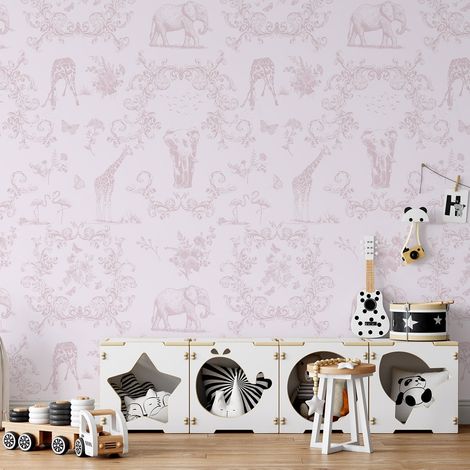 Florale Tapete mit Tieren für Kinderzimmer Rosa Vittoriana