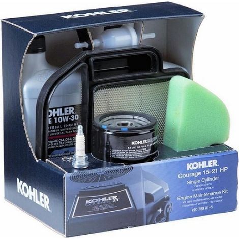 Kit entretien moteur Kohler Courage Single 15cv à 21cv – Filtre à air, pré-filtre, filtre à huile, bougie, huile d'origine – Compatible SV470 à SV620