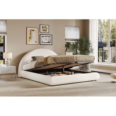 Letto matrimoniale contenitore idraulico 180 x 200 cm con rete a doghe, bouclé bianco REDOM (1/5)