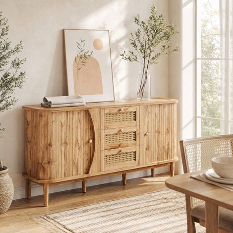 Buffet 140,5x40x76 cm en panneaux de particules naturel, avec rangement pour salon FloraGrace (1/5)