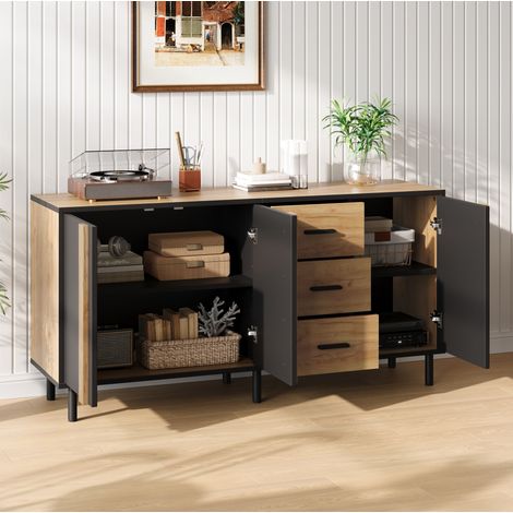 Credenza 140x35x70 cm in MDF nero e legno con contenitore per soggiorno e sala da pranzo (1/5)