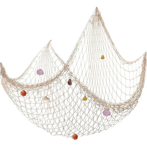 Dekoratives Fischernetz, Maschendekoration mit Muscheln, Wanddekoration im mediterranen Stil für Zuhause und Wand, 1 x 2 m, Beige