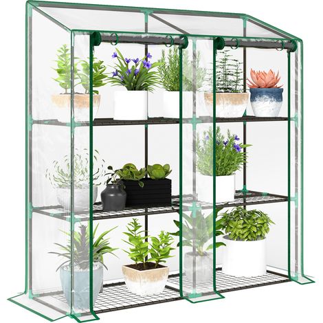 Dreistöckiges Gartengewächshaus mit transparenter Abdeckung, zwei Reißverschlussöffnungen, sechs Regalböden, Maße 143 x 46 x 141–151 cm