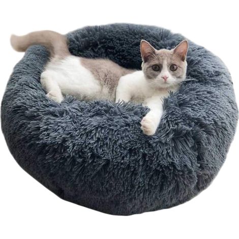 Cama redonda con forma de rosquilla para perros y gatos - Suave y cálida - Saco de dormir cómodo para primavera y otoño (gris oscuro, 70 cm) (1/5)