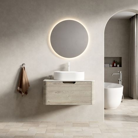 Waschbeckenunterschrank 80 cm hängend modern mit ovalem Keramikwaschbecken, Sintersteinplatte in Travertinoptik und Soft-Close-Schublade