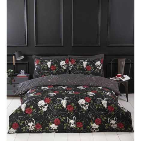 Parure de lit en Microfibre pour lit Double avec Housse de Couette et Motif crânes et Roses Noir (1/5)