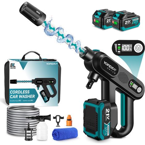 Nettoyeur haute pression sans fil 100 bar, Écran de réglage LED, Buse spirale 5 en 1,débit 4.1L/min,Avec deux batteries 3000 mAh