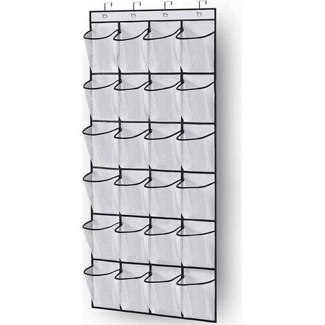 Over-the-door shoe organizer, space-saving shoe storage with 24 pockets and 3 hooks for kitchen, closet, or bedroom, white (1/4)