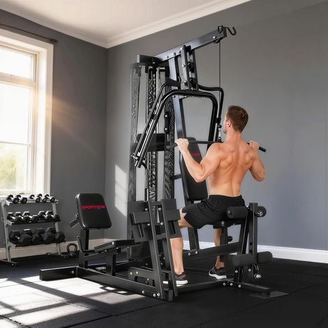 Station de musculation Power Rack avec poulie haute, barre papillon, haltères de 65 kg et corde jusqu'à 120 kg.