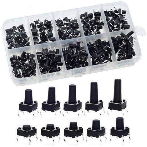 200 Pièces 10 Valeurs 6x6mm Interrupteurs à Bouton Poussoir Tactiles, Kit de Assortiment de Interrupteurs, Noir (1/5)