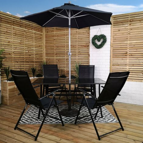 Outdoor 4 Person Rectangular Glass Top Garden Patio Dining Table Chairs With Black Parasol and Base Set (1/5)