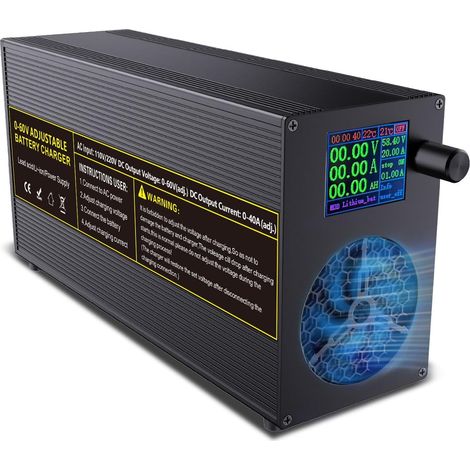 Chargeur Universel Intelligent réglable 60 V / 40 A pour Batteries 12 V / 24 V / 36 V / 48 V LiFePO₄, Lithium et Plomb-Acide, avec écran Multifonction, connecteur Anderson et Pinces Crocodile (1/5)