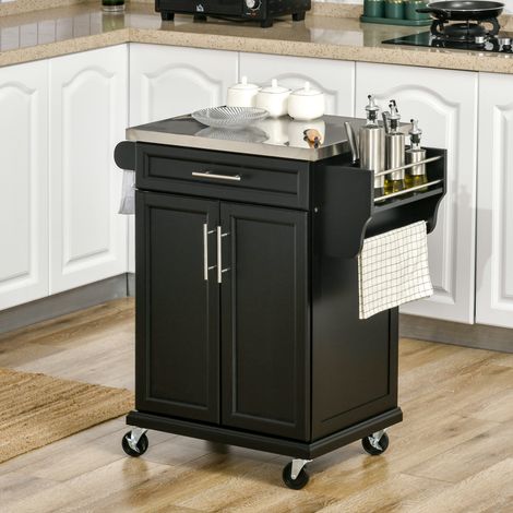 Carrito de cocina con ruedas, isla central con encimera de acero inoxidable, estante ajustable, cajón, especiero, soporte para cuchillos, 83,5 x 45,7 x 90,5 cm, negro