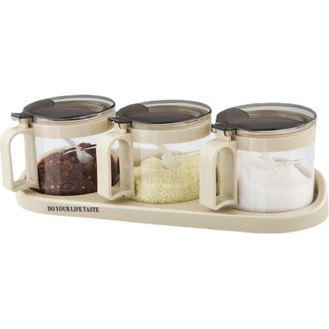 Set mit 3 beigefarbenen, sortierten Glasbehältern für Teller - 3 Servierlöffel (1/5)