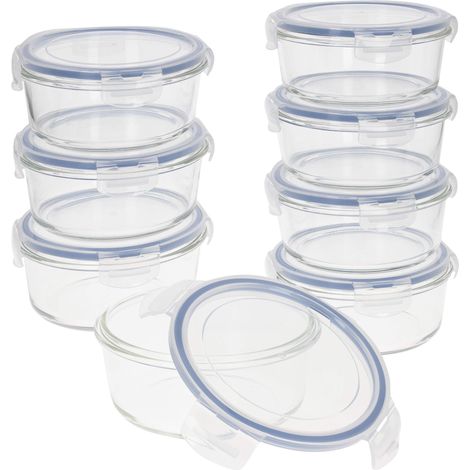 Pack 8 Récipient en verre hermétiques, Coupes en verre micro-ondables, Récipients alimentaires refermables, 800 millilitres, Couvercles transparents, Récipients alimentaires (16536)