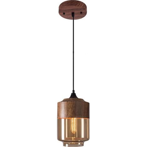 2pcs Suspension Luminaire Moderne Industriel,Lustre Abat-jour en Verre et Bois E27 Lampe de Plafond Vintage