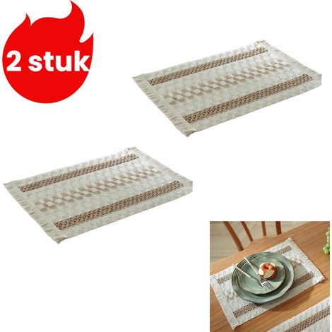 Ensemble 2 pièces : - Set de table en coton et lin à motif corde - Set de couverts festif - Set tissé à motif virgule avec blocs de couleur, rayures et pompons - Marron (1/5)