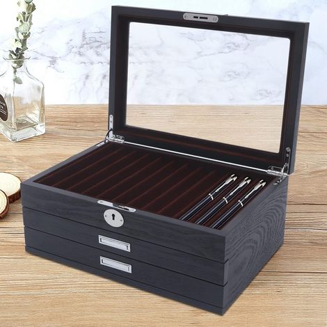 Holz 34-Bit-Stift-Box, große Kapazität Stift-Display-Box, mit transparenten Dachfenstern, Schloss und Schlüssel, 32 22 13cm (1/5)
