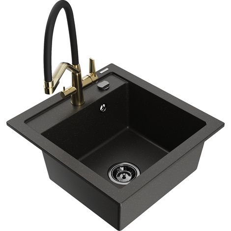 Mexen Vito lavabo in granito 1 vasca con rubinetto da cucina Duo, nero/oro metallizzato - 6503-75-671701-57-B (1/5)
