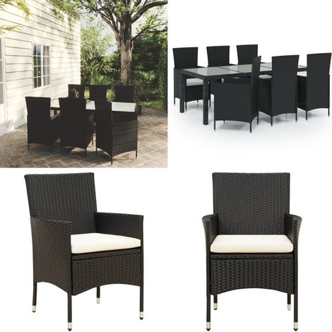 Set da Pranzo da Giardino 7 pz con Cuscini in Polyrattan Nero - Tavolo da pranzo esterno - Sedie da giardino
