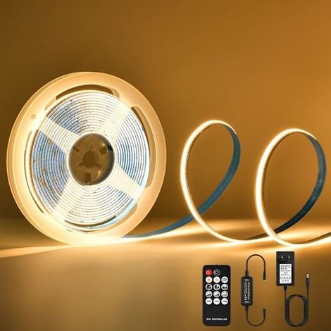 Ruban LED COB 5 m, 3000 K, 24 V, blanc chaud, avec télécommande, étanche IP30, 1600 LED, largeur 8 mm, intensité variable, idéal pour lit [HK] 3000 K (1/5)