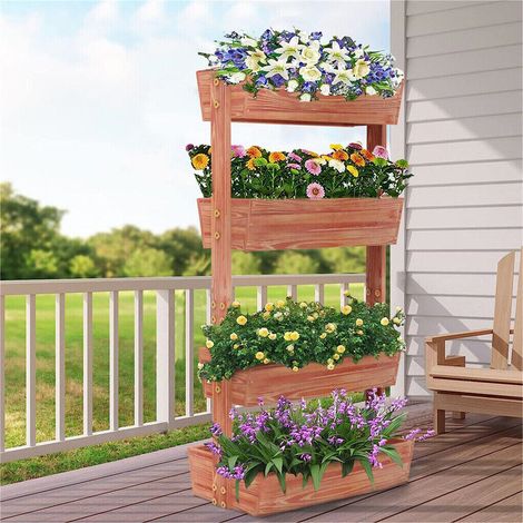 Hochbeet mit 4 Etagen Blumenkasten Gemüsebeet Kräuterbeet Pflanzkübel Frühbeet Blumenbeet Pflanzkasten aus Tannenholz, verstellbar Winkel, für Terrasse Balkon & Garten (1/5)