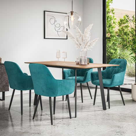 Haydon Extending Dining Table And Chairs -  Oak Effect Table Top w Black Legs + Anika Velvet Dining Chair Set Of 4 (Blue) (1/5)