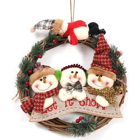 Rattan Christmas Wreath - 29 cm - Snowman Design - Festive Decor with Pine Needles and Berries