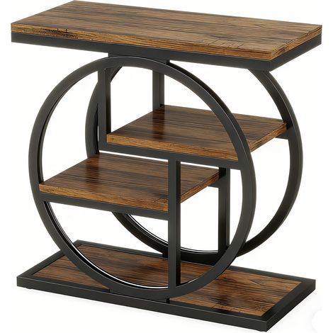 Industrie Beistelltisch Holz schmal – kleiner Sofa-Beistelltisch mit Ablagefächern und Stauraum für Wohnzimmer