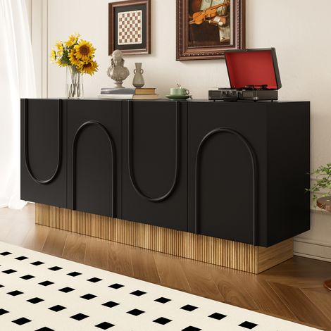 Aparador 160 x 38 x 75 cm, 4 puertas, diseño en forma de U, amplio espacio de almacenamiento, tablero de partículas, negro y madera (1/5)