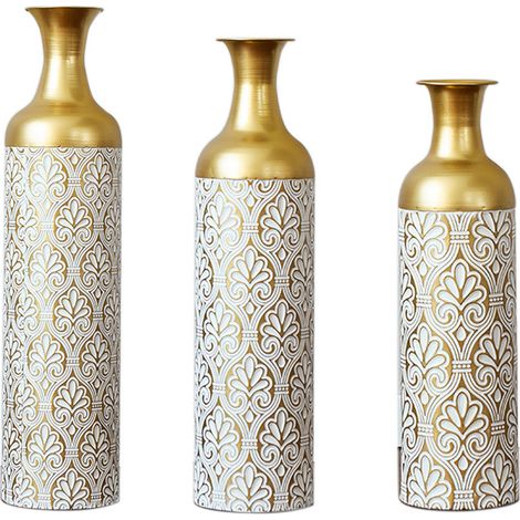 3er-Set Bodenvasen aus Metall in Gold mit weißem Muster, 50/66/83 cm (1/5)