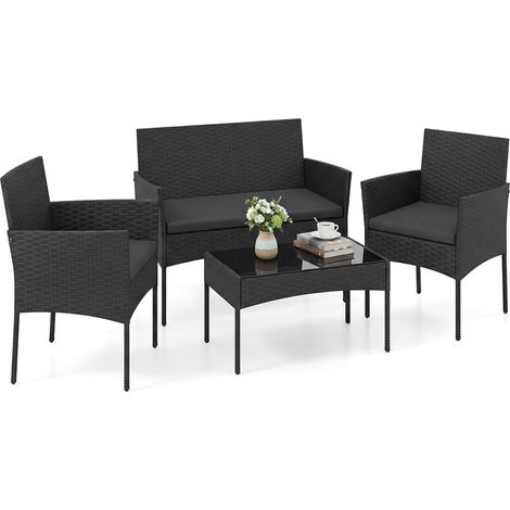 COSTWAY Set Salotto da Giardino 4 Pezzi,Poltrone in Rattan,con Cuscino Imbottito,Nero (1/2)