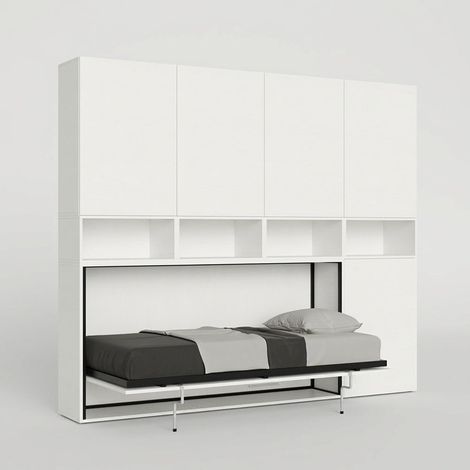 Lit escamotable gain de place horizontal matelas simple blanc Kando C (1/5)