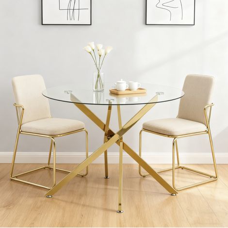 MEUBLIV Table à manger ronde 80 cm doré – plateau en verre trempé, pieds réglables (1/5)