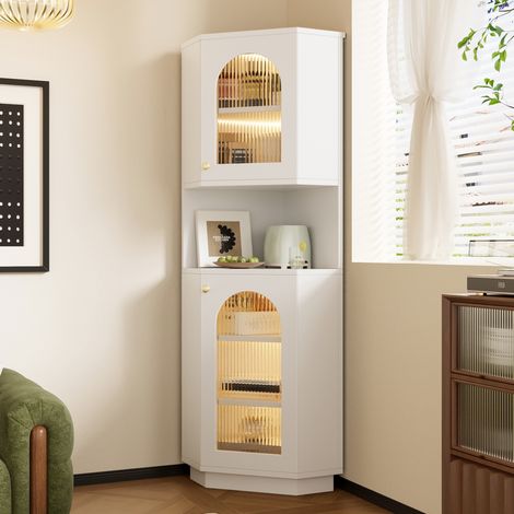 Mobile bagno angolare 45x45x166.5 cm bianco in MDF con luce interna e ripiani regolabili (1/5)