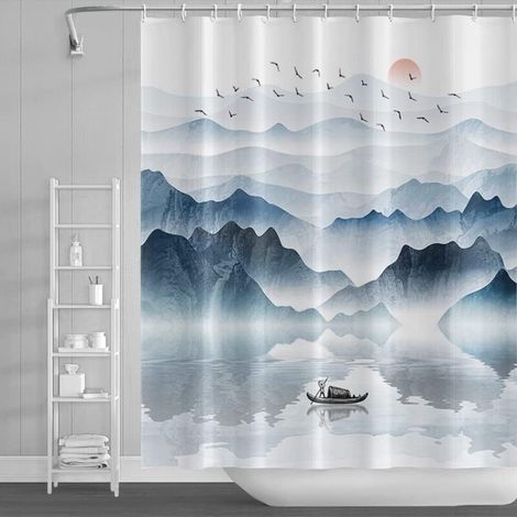 180x180cm Mountain Landscape Shower Curtain Wooden Lake Boat Sun Red Wild Goose Nature Misty Landscape Oil Painting Bath Curtain for Bathroom Decoration with Hooks (1/5)