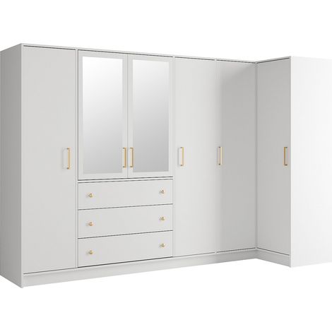 Armadio angolare 6 ante e 3 cassetti Con specchi L311 cm Bianco - LIZANDRO