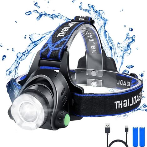 [NEVER USED] Rechargeable LED Headlamp, IP64 Waterproof Zoomable Headlamp with 3 Modes, USB Cable, 2 x 18650 Batteries, and Indicator Light for Camping, Fishing, Cycling, and Hiking