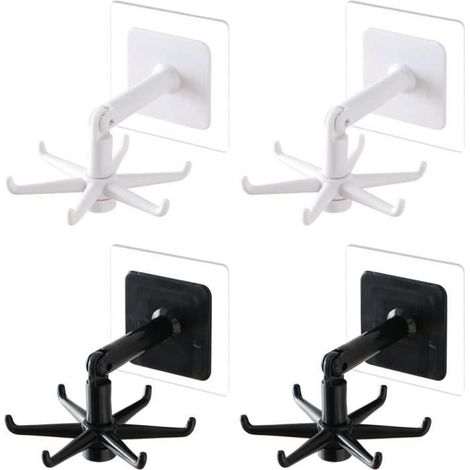 (SCHWARZ-WEISS) Set mit 4 um 360° drehbaren Küchenhaken, faltbaren Haken, Handtuchhaken mit 6 Zinken für Küchenutensilien (1/4)