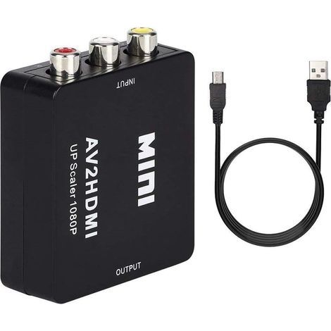 Convertisseur RCA vers HDMI, mini convertisseur AV vers HDMI 1080p, adaptateur audio/vidéo composite AV CVBS avec câble de chargement USB pour TV/PC/PS3/STB/Xbox, magnétoscope/lecteur DVD. (1/5)