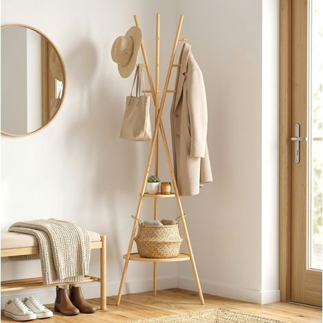 Porte-manteau sur pied 58,5x58,5x176 cm naturel, 9 crochets et 2 étagères, bambou et MDF MEUBLIV (1/5)