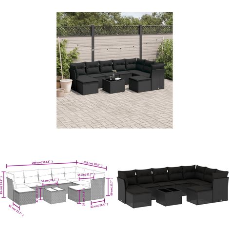 10-tlg. Garten-Sofagarnitur mit Kissen Schwarz Poly Rattan - Gartenmöbel Set - PE-Rattan Möbel - Outdoor Sofa - Esstisch - Lounge Set - Home & Living (1/3)