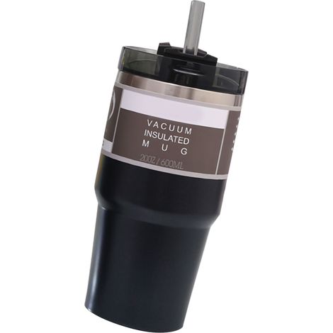Mug isotherme de voiture avec couvercle et paille, en acier inoxydable noir, 600 ml, idéal pour la maison et les voyages. (1/5)